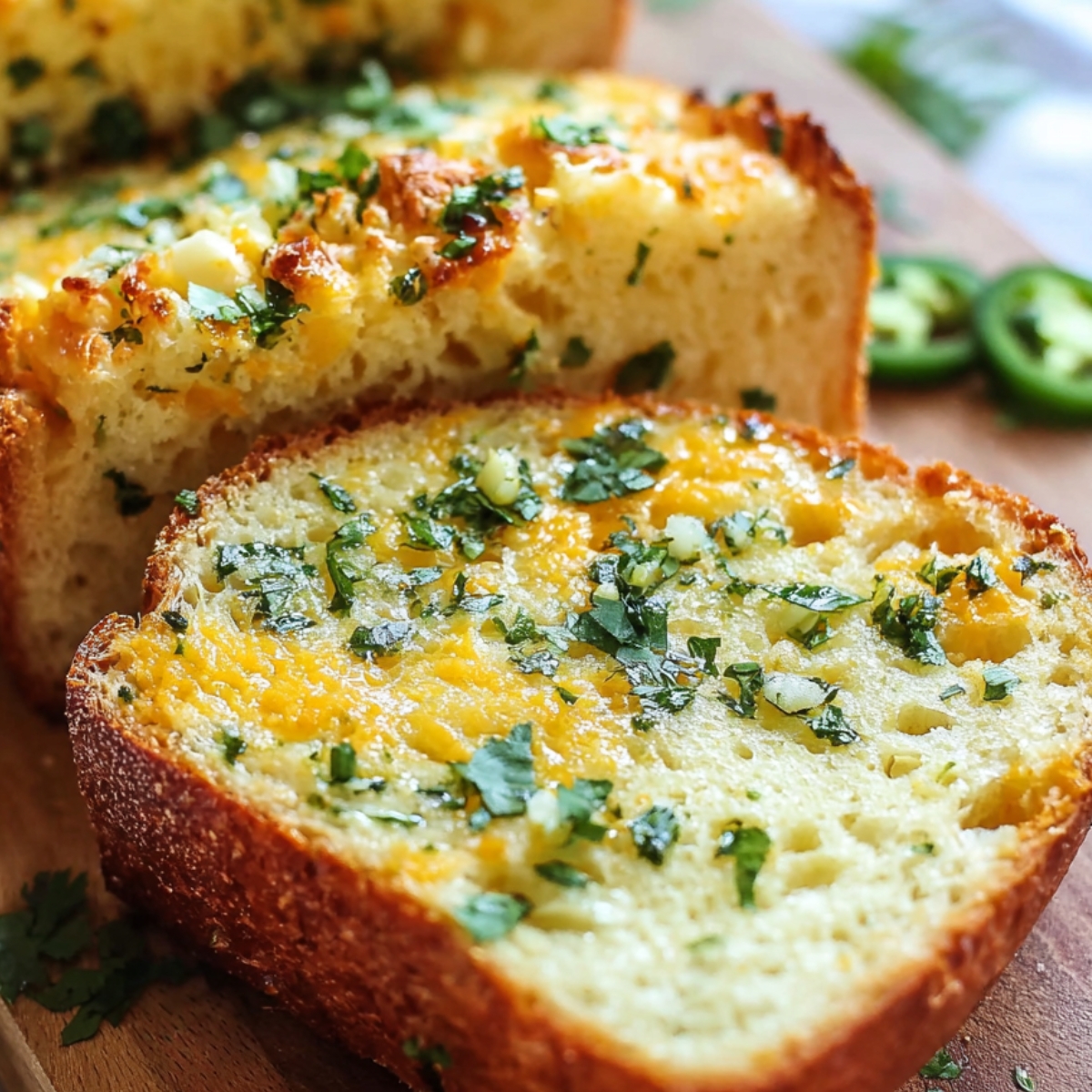 “A tight, close-up shot of two thick slices of homemade Garlic Bread Recipe with a perfectly crisp, golden-brown crust and a soft, spongy interior, generously topped with bubbling melted mozzarella and grated Parmesan cheese, dotted with minced garlic and finely chopped parsley, with a softly blurred background showing extra bread slices and thin jalapeño rounds, all bathed in warm natural light that highlights the glossy garlic-butter and the vibrant green of the herbs.