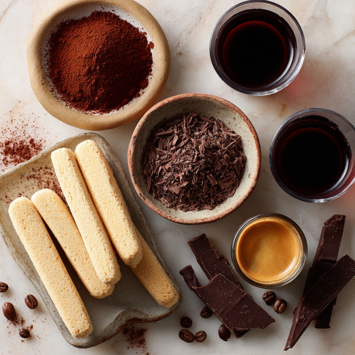 A marble flat‑lay of tiramisu’s finishing elements: a small cup of strong espresso, a glass of dark Marsala wine, a row of Savoiardi ladyfingers, a bowl of unsweetened cocoa powder, a dish of dark chocolate shavings, and scattered espresso beans.