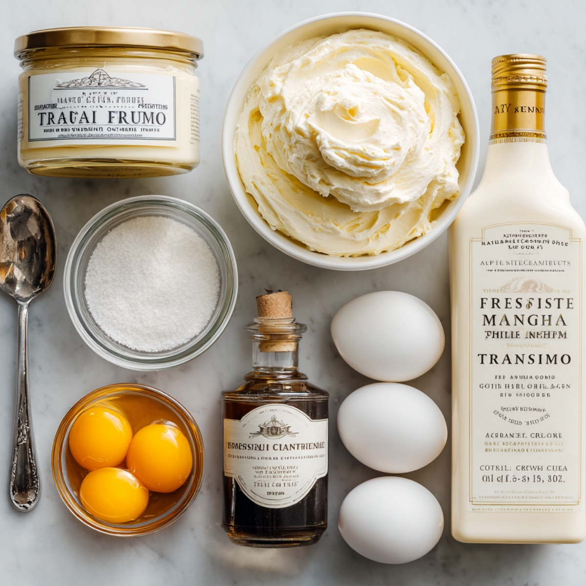 A marble flat‑lay featuring the creamy foundation for tiramisu: a bowl of fresh mascarpone cheese, a small dish with three farm‑fresh egg yolks, a glass jar of fine granulated sugar with a silver spoon, a small pitcher of heavy whipping cream, and a bottle of pure vanilla extract.