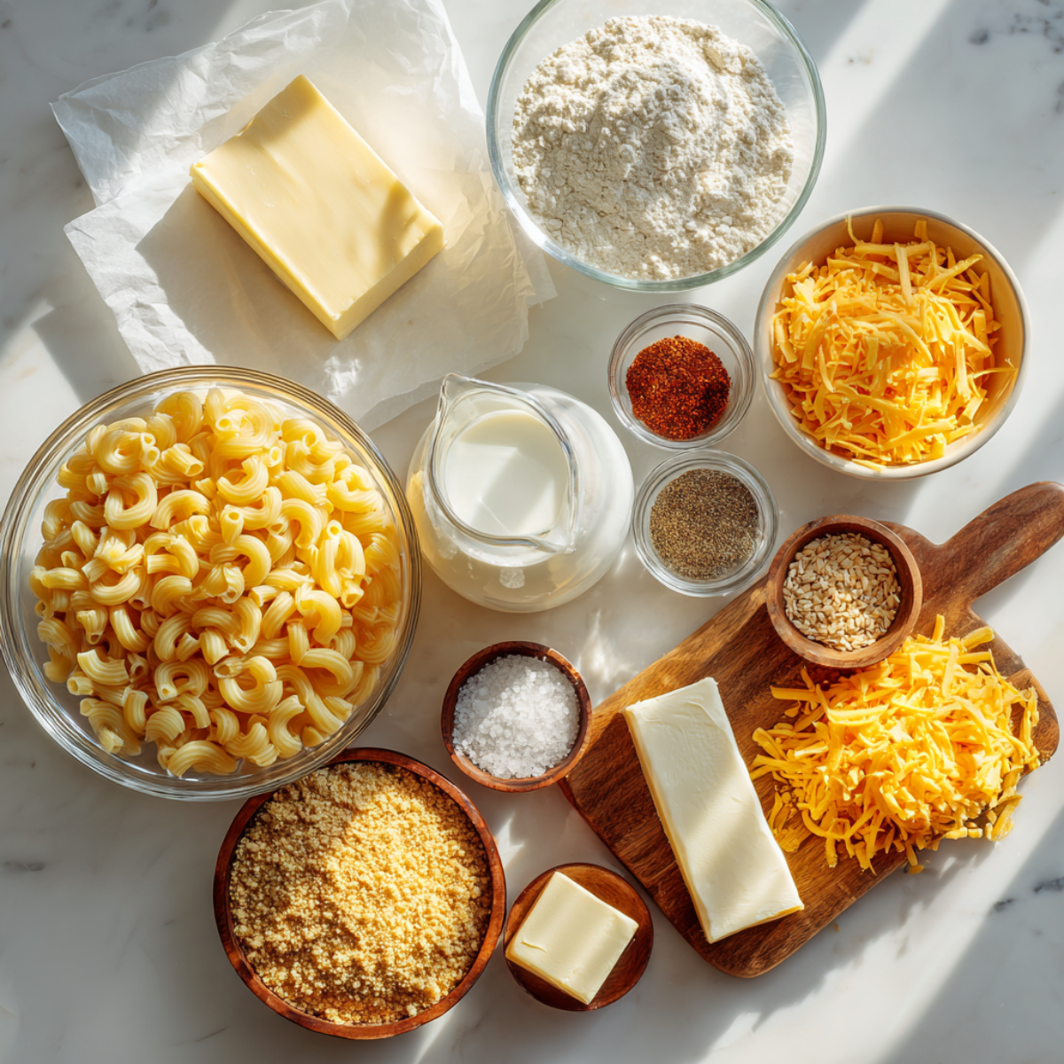 Overhead view of a sunlit marble countertop displaying all the mac-and-cheese meatloaf casserole ingredients: uncooked elbow macaroni in a glass bowl, a jug of milk, a pat of butter on parchment, a bowl of flour, small dishes of paprika, pepper, and salt, two wedges of cream cheese, shredded cheddar on a wooden board, and a wooden bowl of breadcrumbs