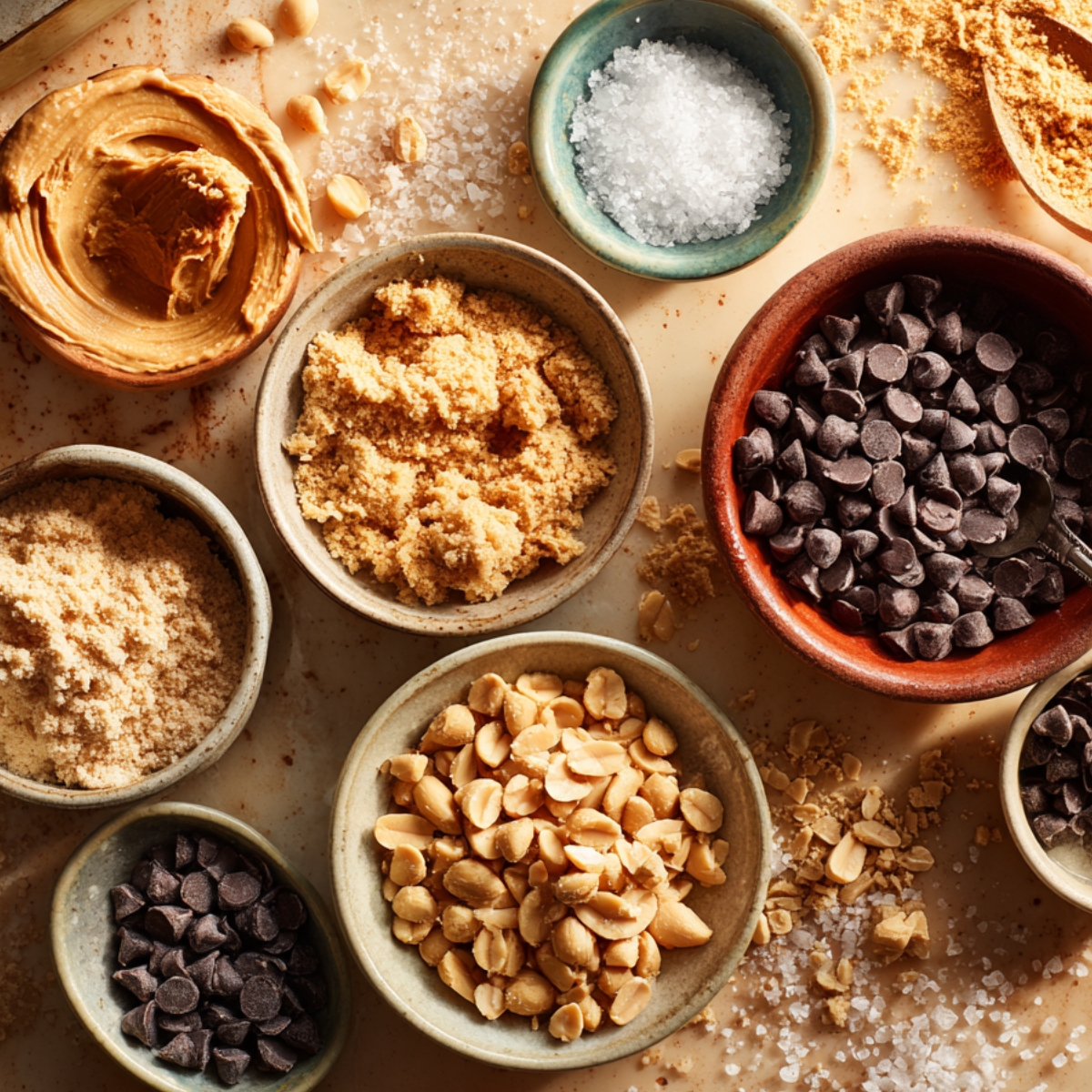 Small bowls of chopped peanuts, chocolate chips, peanut butter chips, brown sugar, and sea salt scattered on a warm-toned counter with a swirl of peanut butter nearby.