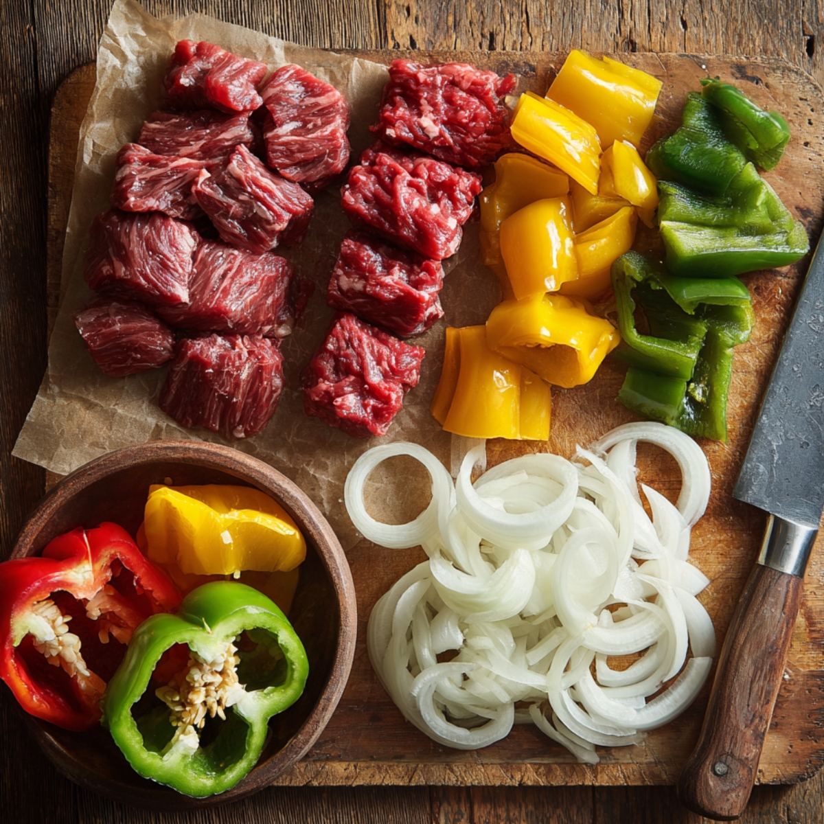 Une planche à découper en bois rustique vue de dessus : rangées élégantes de cubes et de lanières de bœuf cru à gauche, trois couleurs de poivrons (rouge, jaune, vert) coupés en gros morceaux au centre, et une pile d’anneaux d’oignon blanc à droite, avec un grand couteau de chef posément appuyé sur le bord.