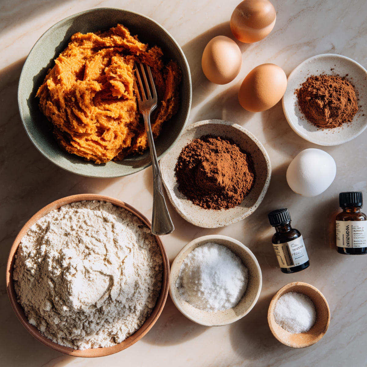 An assortment of homemade brownie ingredients arranged on a light marble countertop. There’s a bowl of mashed sweet potatoes with a fork, a large bowl of all-purpose flour, cocoa powder in two small bowls, four eggs (brown and white), a dish of salt, baking powder, and two glass bottles of vanilla extract. Warm daylight casts soft shadows, giving the scene a cozy, real-kitchen look.