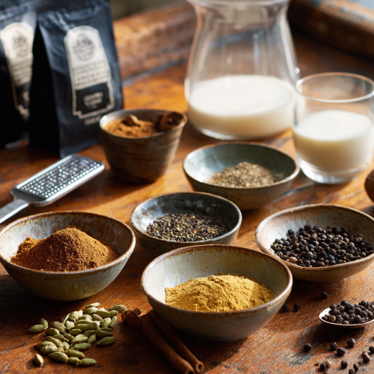 “A rustic wooden countertop holds five small ceramic bowls in a loose semicircle: one with warm-brown ground cinnamon, one with sandy-yellow ground ginger, one with pale-green ground cardamom powder, one with dark-brown ground cloves, and one with shiny black peppercorns. In front lie a handful of green cardamom pods and two cinnamon sticks. Behind them, a stainless-steel grater and a whole nutmeg rest next to two neatly folded black tea bags leaning against a glass carafe half-filled with water. To the right, a clear measuring cup of whole milk and a small pitcher of heavy cream catch soft, natural daylight.”
