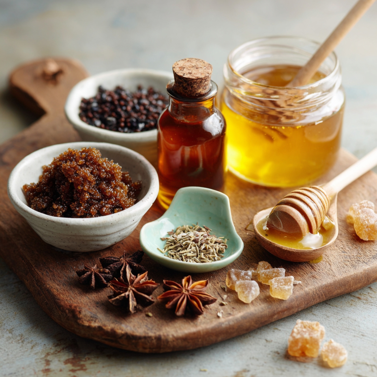 “A weathered wooden board displays a small white bowl piled high with dark brown sugar, a glass jar of golden honey with a wooden dipper resting across its rim, and a tiny amber bottle of vanilla extract with its cork beside it. In front, on the wood, sit a shallow white dish of maple syrup, a pale-green bowl of fennel seeds, a dark bowl of allspice berries, and three star anise pods fanned out. A few stray sugar crystals and spice pods are scattered casually around for an authentic, homemade look.”