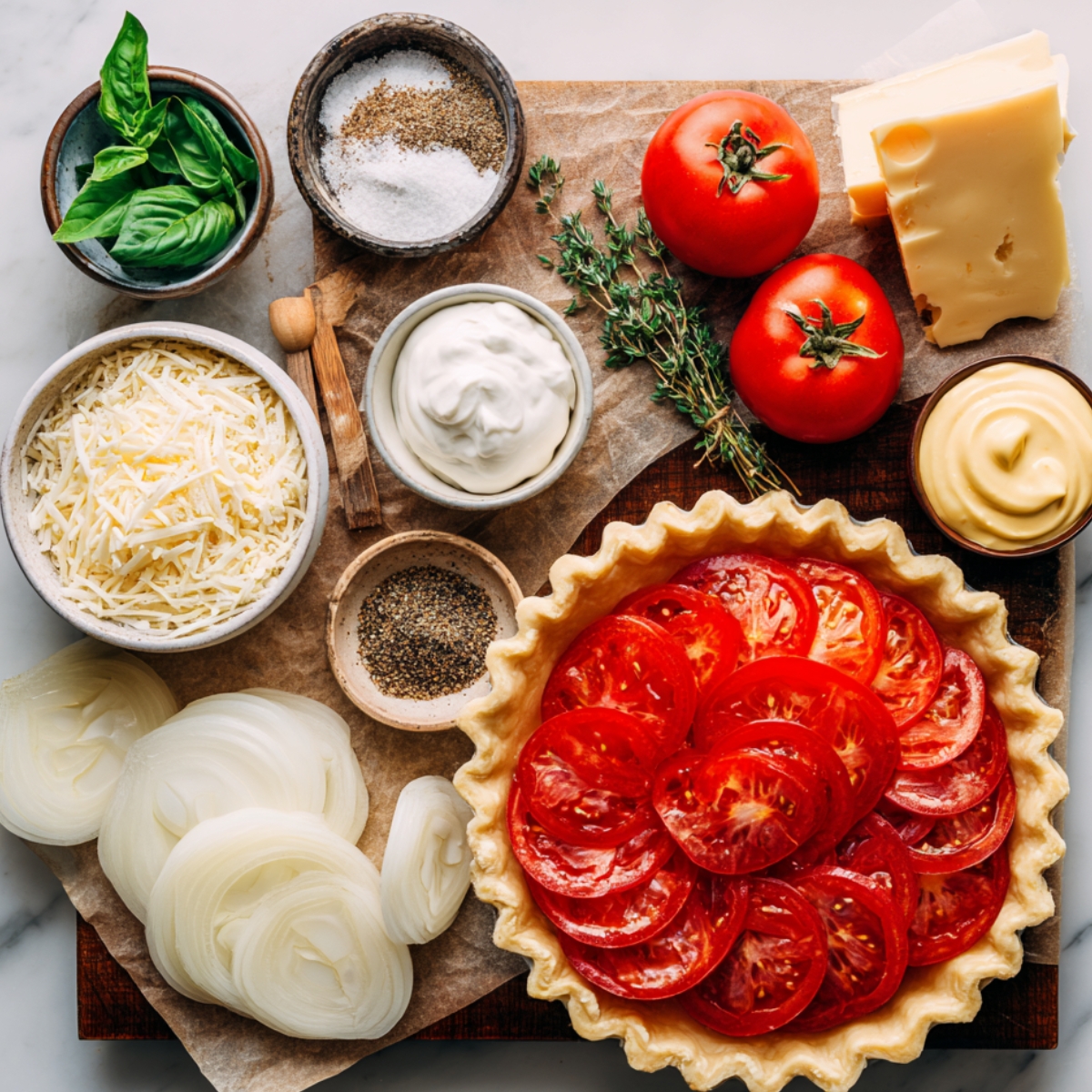 A bright overhead flat‑lay of a wooden board displaying tomato pie ingredients: a pre‑baked pie shell filled with neatly layered red tomato slices, bowls of shredded cheddar and mozzarella cheese, fresh basil leaves, a ramekin of mayonnaise, a small bowl of Dijon mustard, coarse salt and black pepper in pinch bowls, sprigs of fresh thyme, and thinly sliced white onion, all arranged around the crust.