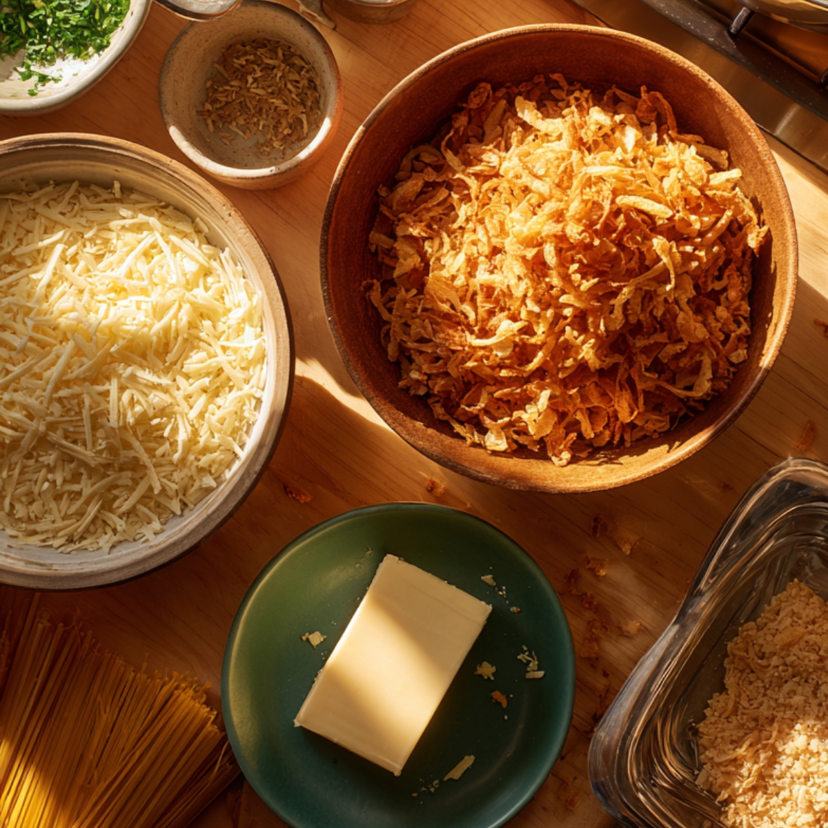 Bowl of crispy French fried onions with shredded Parmesan, panko breadcrumbs, and butter on a wooden kitchen counter.