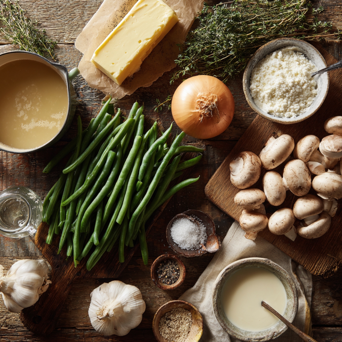 Fresh green beans, mushrooms, onion, garlic, butter, broth, cream, and seasonings arranged on a rustic kitchen table.
