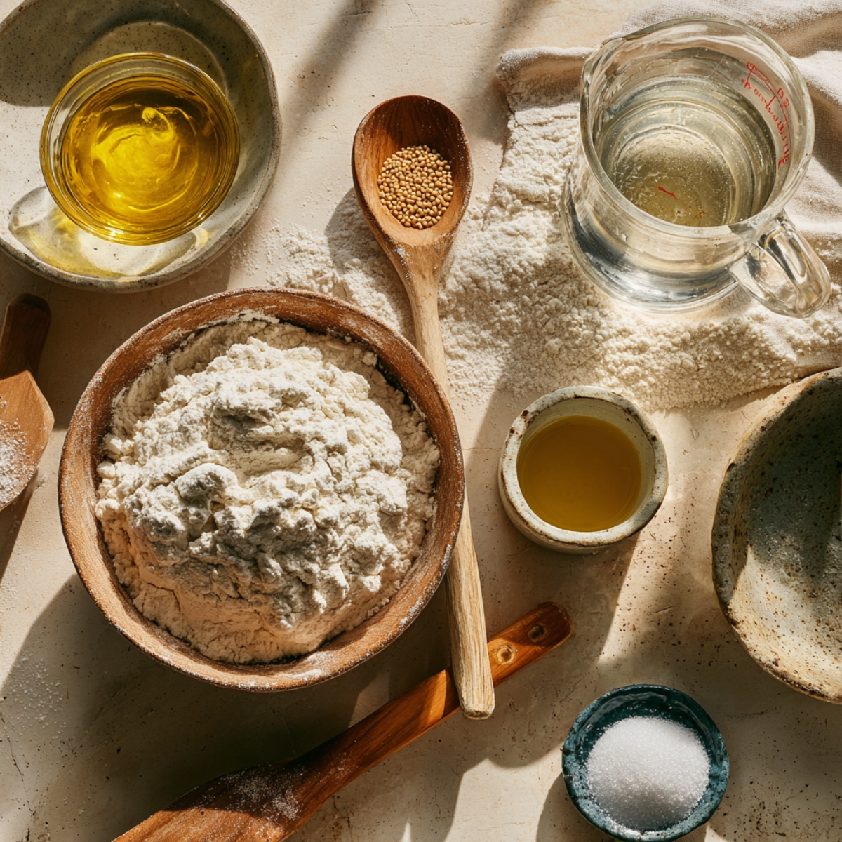 Wooden bowl of flour with mustard seeds, salt, olive oil, water, and sugar on a rustic countertop with scattered flour.