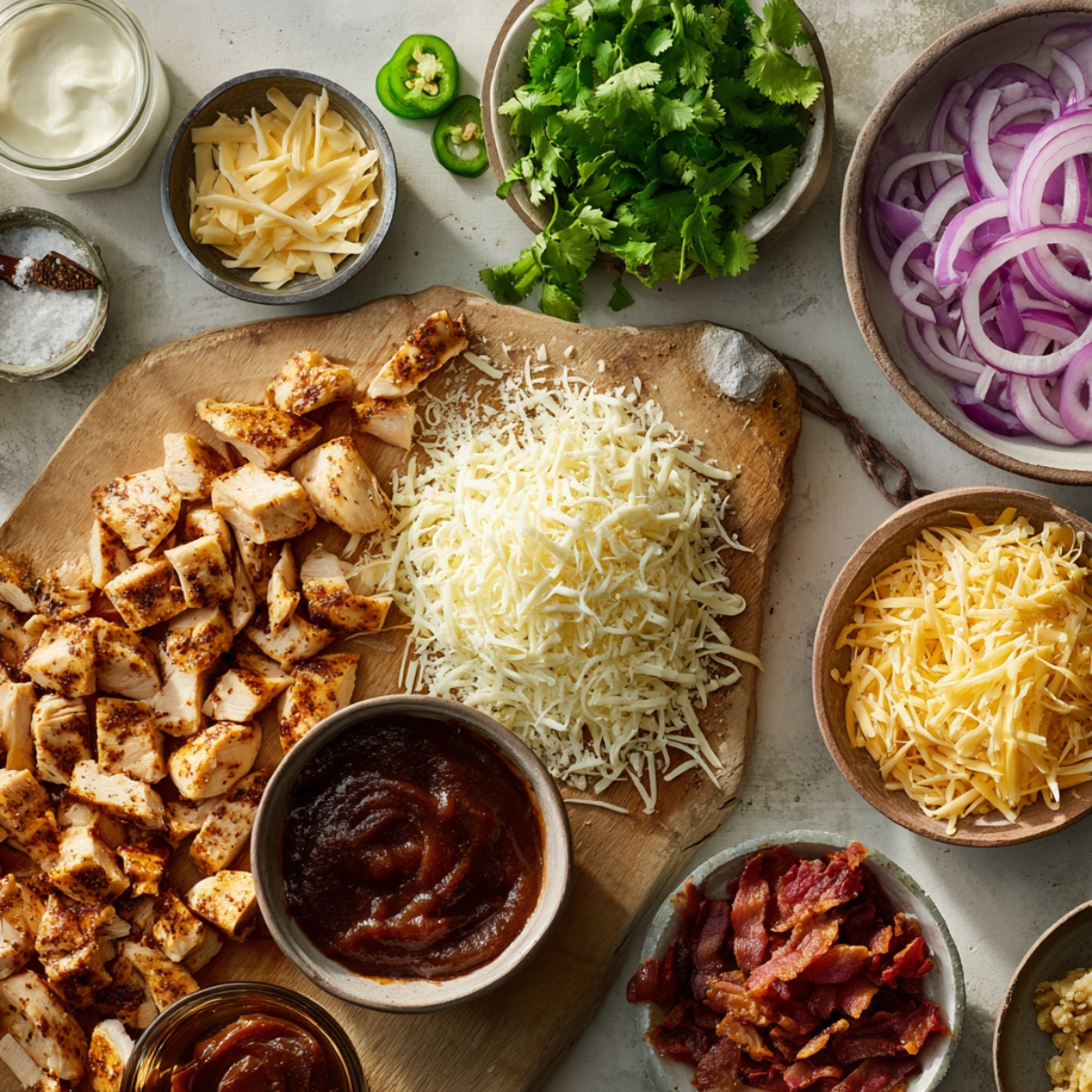 Chopped grilled chicken, shredded mozzarella, BBQ sauce on a wooden board surrounded by cheddar, cilantro, red onions, jalapeños, bacon bits, ranch, and salt.