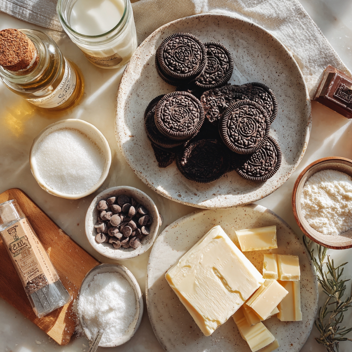 Oreo cookies, butter, white and dark chocolate, sugars, milk, coconut oil, and vanilla extract arranged naturally in warm kitchen lighting.