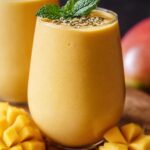 Homemade mango smoothie in a clear glass, topped with mint and seeds, surrounded by fresh mango cubes on a wooden surface.
