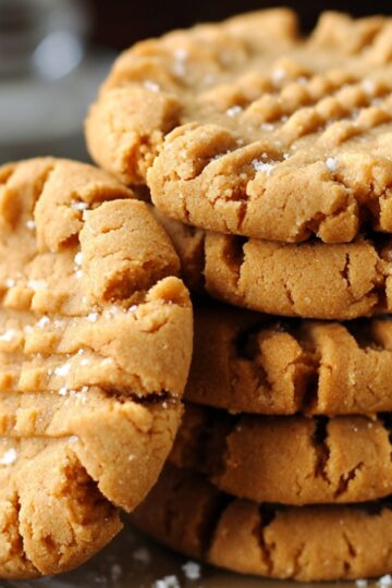 A stack of thick, golden-brown homemade peanut butter cookies with crisscross fork marks and a light sugar sprinkle, sitting on a plate in warm, cozy lighting.