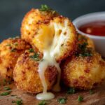 Golden, crispy potato cheese balls with gooey melted cheese inside, sprinkled with parsley, served on parchment paper with dipping sauce in the background.