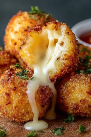 Golden, crispy potato cheese balls with gooey melted cheese inside, sprinkled with parsley, served on parchment paper with dipping sauce in the background.