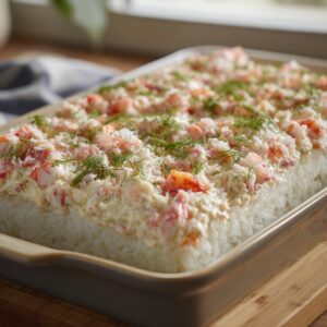 Bowl of cooked sushi rice with vinegar, sugar, and salt nearby on a wooden board.