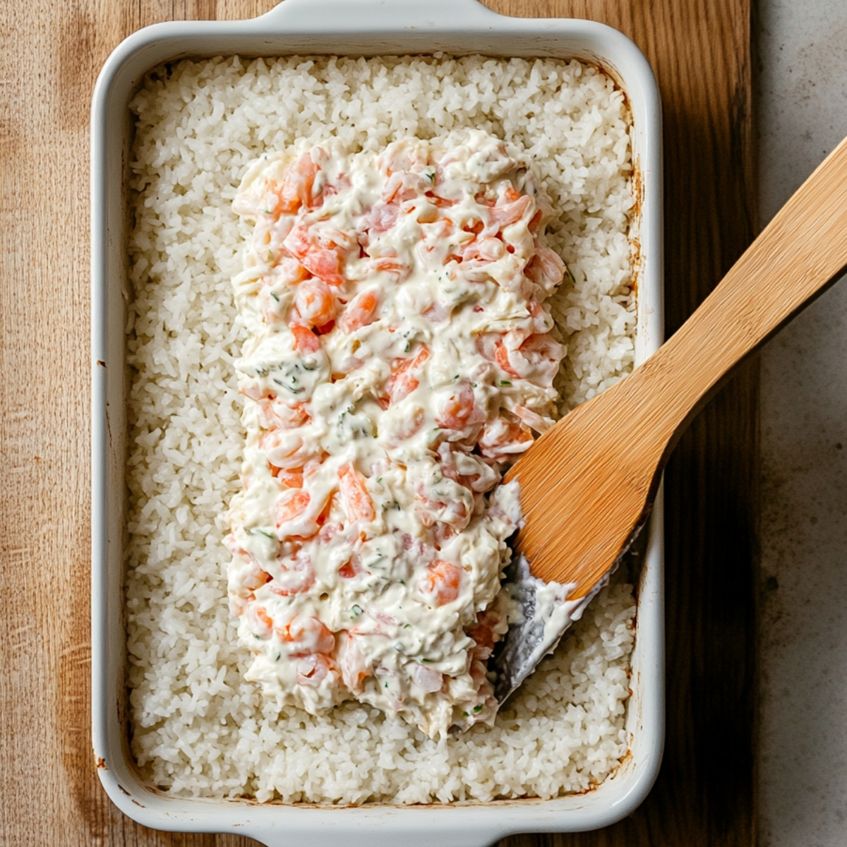 Bowl of cooked sushi rice with vinegar, sugar, and salt nearby on a wooden board.