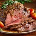 Close-up of a homemade herb-crusted roast beef sliced on a white plate, its juicy pink interior glistening with natural juices. The coarse garlic-herb rub forms a rustic, brown crust studded with black pepper. Bright orange roasted baby carrots and sprigs of fresh rosemary surround the beef, all set on a warm wooden tabletop under soft, natural light.