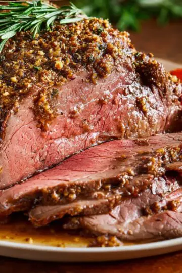 Close-up of a homemade herb-crusted roast beef sliced on a white plate, its juicy pink interior glistening with natural juices. The coarse garlic-herb rub forms a rustic, brown crust studded with black pepper. Bright orange roasted baby carrots and sprigs of fresh rosemary surround the beef, all set on a warm wooden tabletop under soft, natural light.