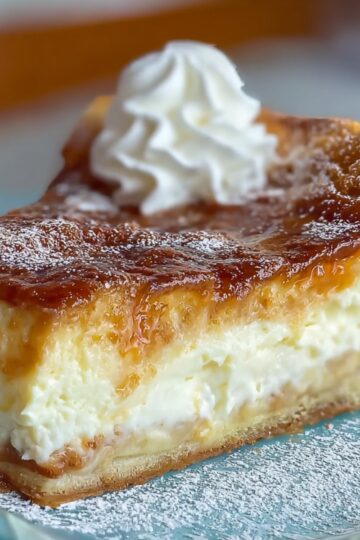 A homemade slice of sopapilla cheesecake with a golden caramelized top, creamy filling, flaky crust, dusted with powdered sugar, and topped with whipped cream on a blue plate.