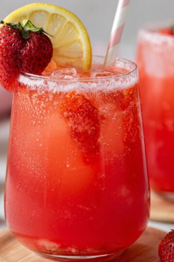 Two glasses of homemade strawberry lemonade with ice, fresh strawberries, lemon slices, and striped straws, set on wooden coasters. A halved lemon, a strawberry, a pink napkin, and a blurred pitcher with flowers appear in the background.
