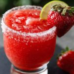 A close-up of a homemade frozen strawberry margarita in a stemmed coupé glass, rimmed generously with salt. The vivid red slushy swirls form a small peak at the top. A thin lime wheel and a half-stuck strawberry garnish the rim. The glass sits on a light wooden board over a gray linen napkin, with two strawberries blurred softly in the background.