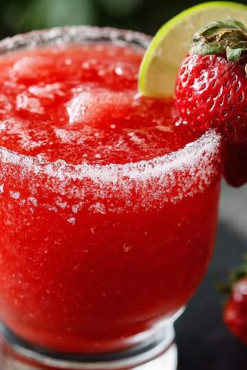 A close-up of a homemade frozen strawberry margarita in a stemmed coupé glass, rimmed generously with salt. The vivid red slushy swirls form a small peak at the top. A thin lime wheel and a half-stuck strawberry garnish the rim. The glass sits on a light wooden board over a gray linen napkin, with two strawberries blurred softly in the background.