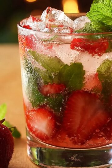 A short clear glass filled with roughly crushed ice, fresh sliced strawberries pressed against the walls, and whole mint leaves muddled throughout, topped with a mint sprig. Tiny bubbles from sparkling water cling to the fruit and herbs, and a whole strawberry mojito rests beside the glass on a warm wooden surface, with a softly blurred background evoking a homemade summer cocktail vibe.