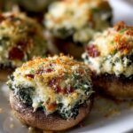 A close-up of several golden-brown stuffed mushrooms on a white plate. Each mushroom cap is filled with a creamy mixture of finely chopped mushroom stems, garlic, parsley, and breadcrumbs, topped with melted Parmesan that’s crisped to a light amber. Flecks of green herbs and tiny red-specks of sun-dried tomatoes peek through the cheesy crust, and the mushroom edges are moist and tender, with a rustic, pan-seared texture.