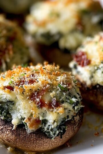 A close-up of several golden-brown stuffed mushrooms on a white plate. Each mushroom cap is filled with a creamy mixture of finely chopped mushroom stems, garlic, parsley, and breadcrumbs, topped with melted Parmesan that’s crisped to a light amber. Flecks of green herbs and tiny red-specks of sun-dried tomatoes peek through the cheesy crust, and the mushroom edges are moist and tender, with a rustic, pan-seared texture.