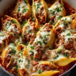 Overhead view of a white enameled cast-iron skillet filled with jumbo pasta shells nestled in a rich red tomato sauce. Each shell is generously Stuffed Shells with Ground Beef with seasoned ground beef, topped with melted mozzarella, and sprinkled with chopped fresh parsley. The skillet sits atop a dark linen napkin on a black tabletop, and warm light highlights the glossy sauce and the shells’ ridged texture, evoking a cozy, just-bubbled-from-the-oven, homemade casserole.