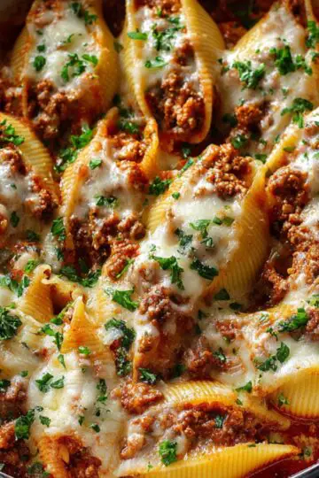 Overhead view of a white enameled cast-iron skillet filled with jumbo pasta shells nestled in a rich red tomato sauce. Each shell is generously Stuffed Shells with Ground Beef with seasoned ground beef, topped with melted mozzarella, and sprinkled with chopped fresh parsley. The skillet sits atop a dark linen napkin on a black tabletop, and warm light highlights the glossy sauce and the shells’ ridged texture, evoking a cozy, just-bubbled-from-the-oven, homemade casserole.