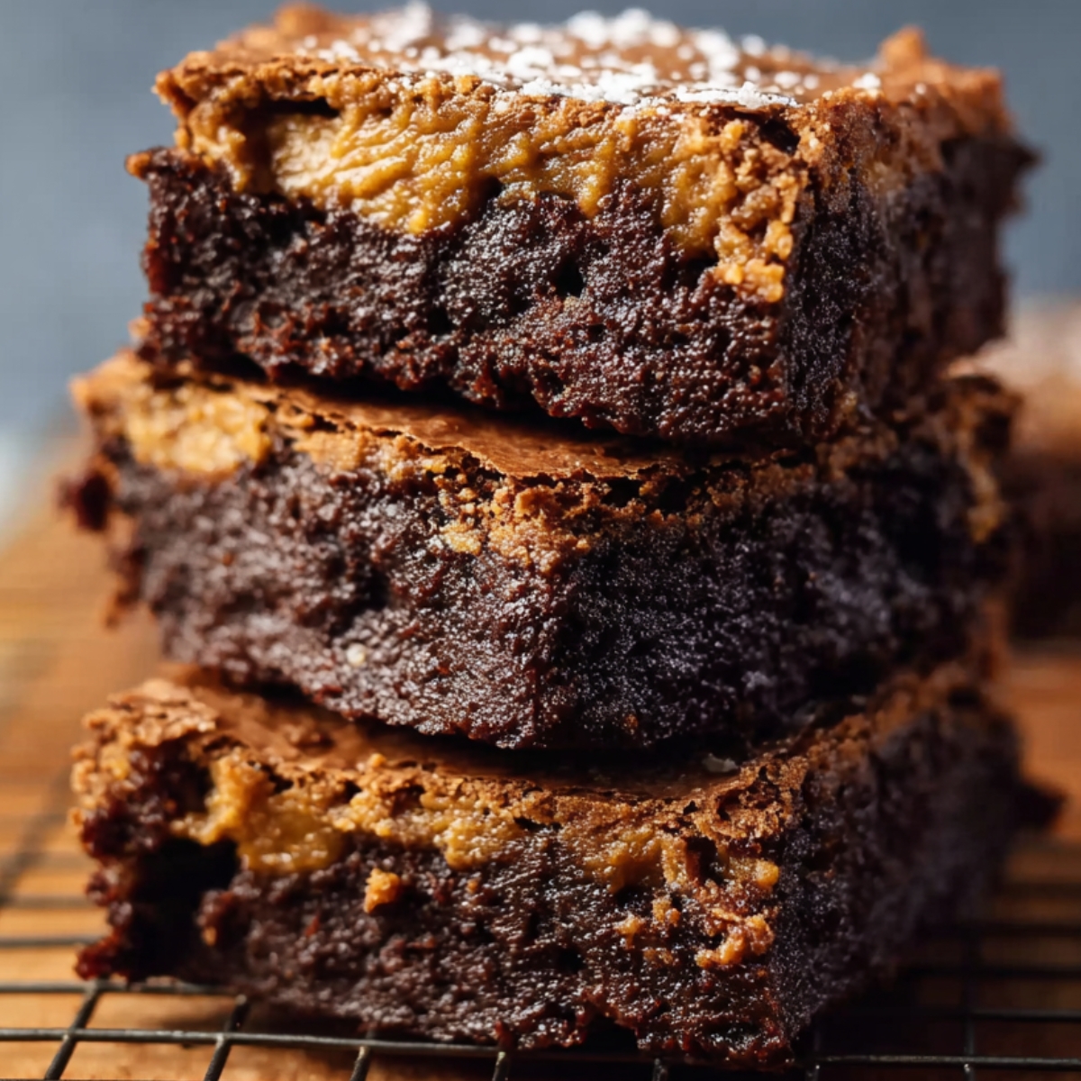 A clear glass mixing bowl on a marble countertop filled with smooth, bright orange mashed Sweet Potato Brownies. A metal whisk rests inside the bowl, and the mixture looks creamy and freshly stirred, lit by soft daylight.