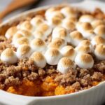 A close-up of a homemade sweet potato casserole in a white ceramic baking dish. The vibrant orange sweet potato mash peeks through where a scoop was taken, beneath a golden-brown pecan-oat streusel layer and perfectly toasted mini marshmallows with light tan tops. The edges of the dish show bits of melted marshmallow and crumb topping, all lit by warm, natural kitchen light.