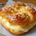 Close‑up of a golden, flaky cheese Danish on a wooden board, showing its layers of puff pastry filled with creamy cheese.
