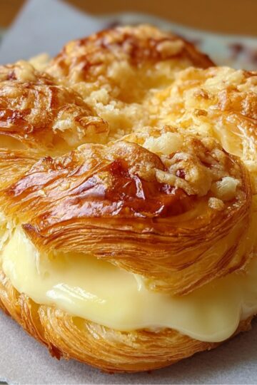 Close‑up of a golden, flaky cheese Danish on a wooden board, showing its layers of puff pastry filled with creamy cheese.