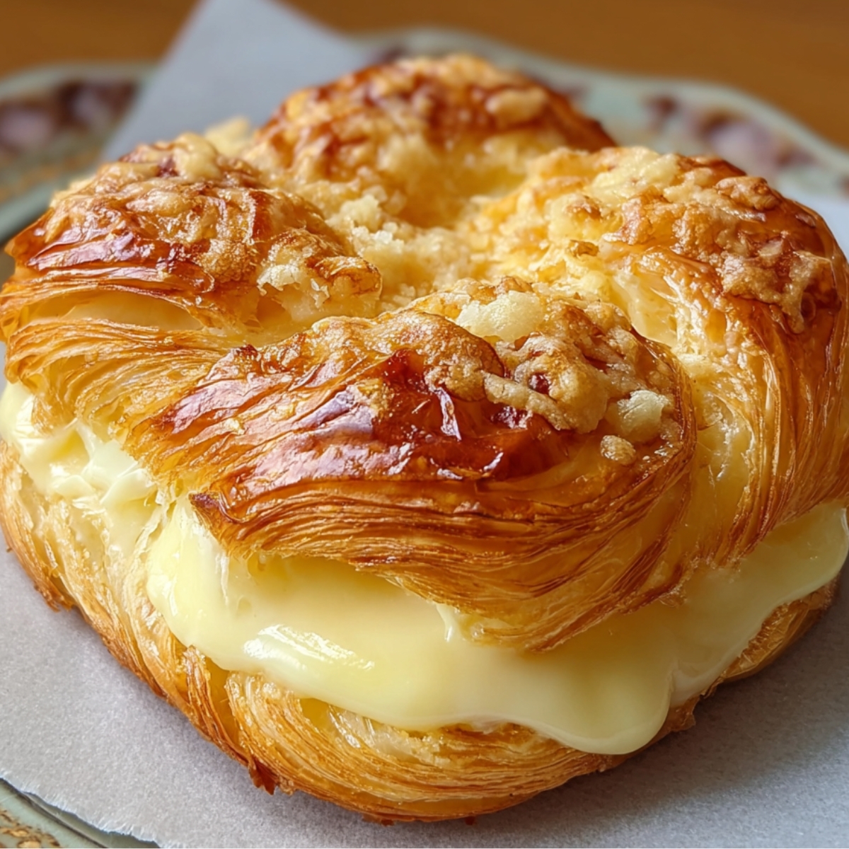 Close‑up of a golden, flaky cheese Danish on a wooden board, showing its layers of puff pastry filled with creamy cheese.