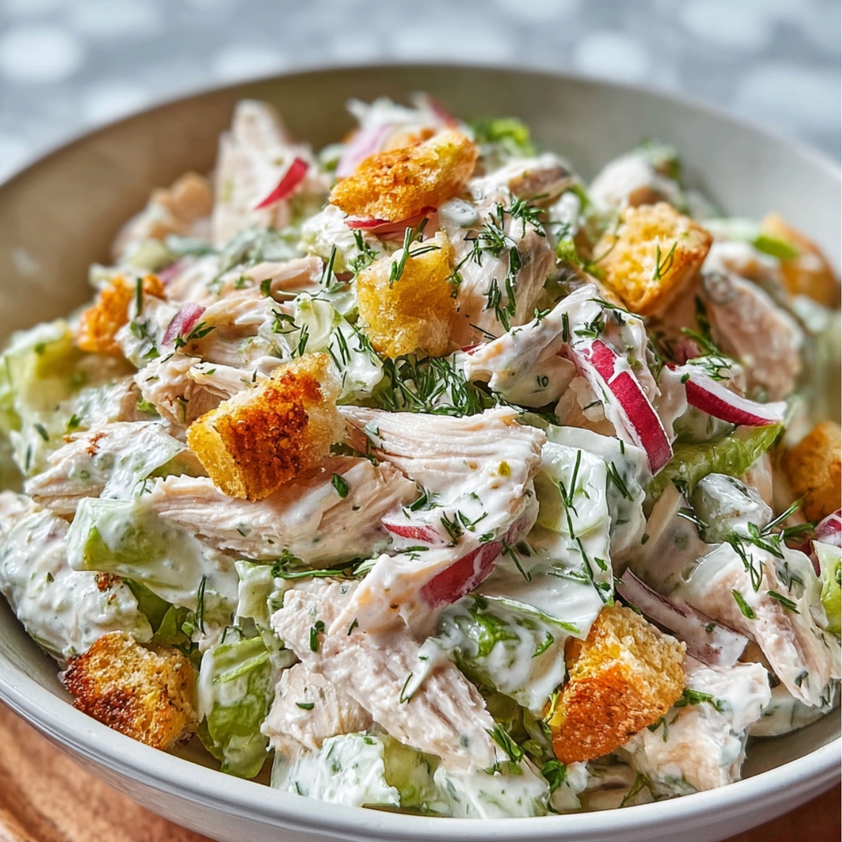 Bowl of creamy Chicken Salad Recipe on a bed of romaine lettuce, topped with shredded chicken, diced red onion, halved cherry tomatoes, and bacon bits, with a small ramekin of dressing and extra bacon in the background.