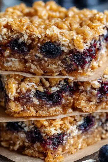 Three homemade oatmeal bars stacked on crumpled parchment over a dark wood surface, with oat flakes and two fresh blueberries beside them, lit by soft side light.