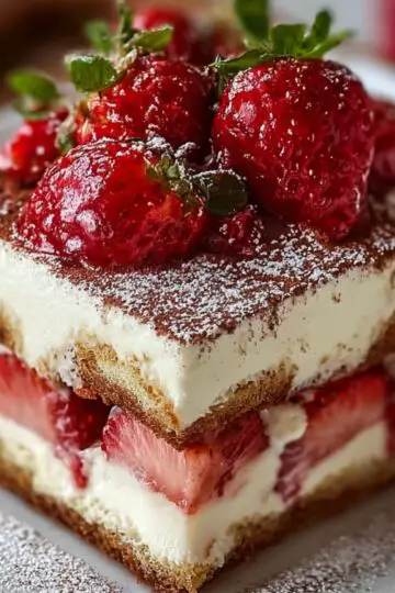 Close-up of a homemade strawberry Tiramisu Fraise square with syrup-soaked ladyfingers, mascarpone cream, sliced strawberries, and dusted cocoa, topped with halved berries.