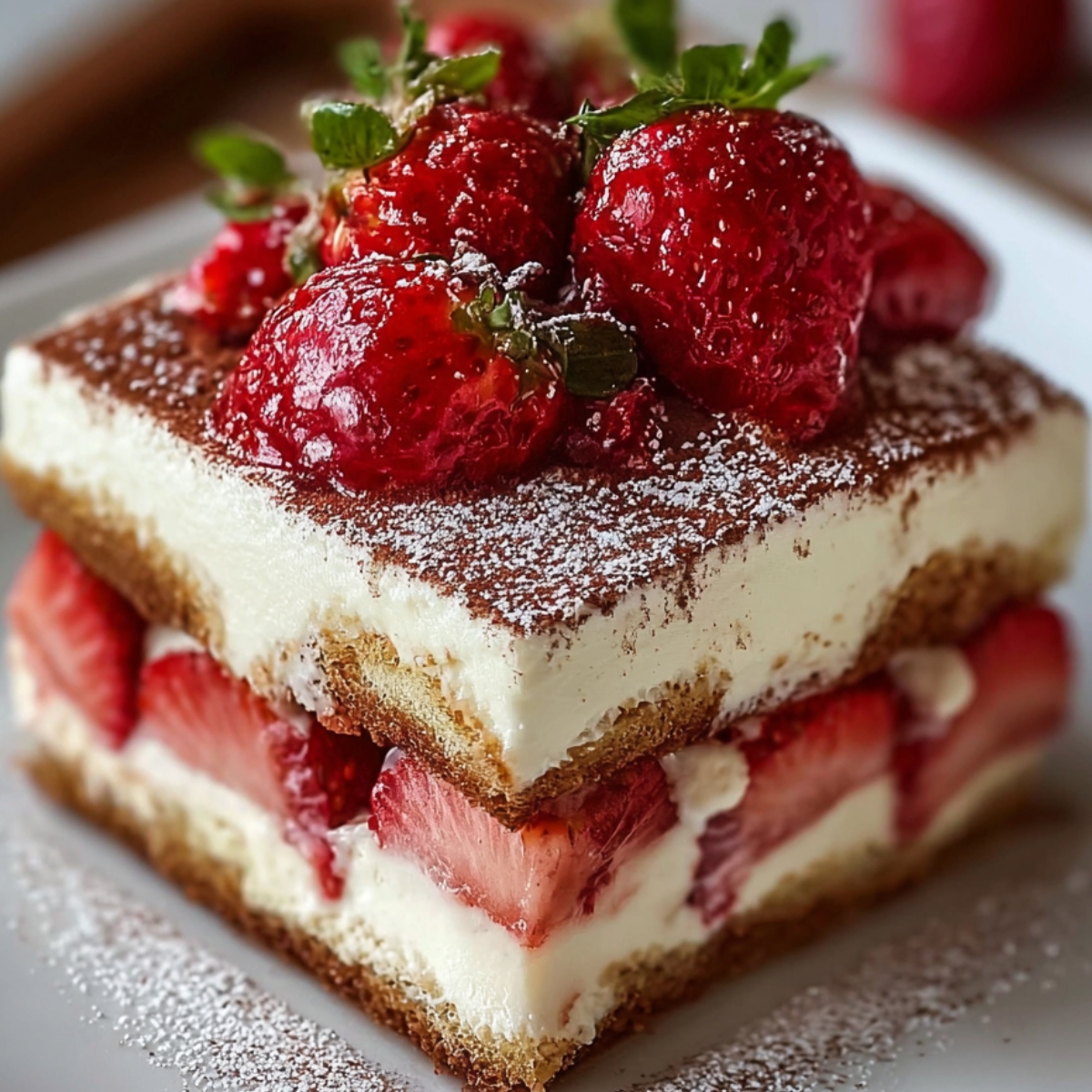 Close-up of a homemade strawberry Tiramisu Fraise square with syrup-soaked ladyfingers, mascarpone cream, sliced strawberries, and dusted cocoa, topped with halved berries.