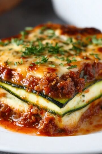 Close-up of a stacked Zucchini Lasagna Recipe slice on a white plate showing alternating layers of zucchini, creamy ricotta, and tomato sauce, topped with melted mozzarella, herbs, and a fresh basil leaf.