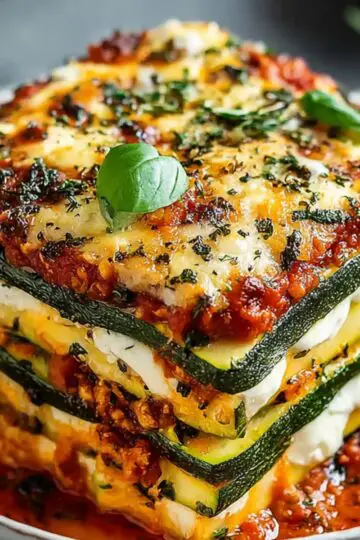 Close-up of a stacked Zucchini Lasagna Recipe slice on a white plate showing alternating layers of zucchini, creamy ricotta, and tomato sauce, topped with melted mozzarella, herbs, and a fresh basil leaf.