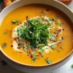 Homemade butternut squash soup in a rustic ceramic bowl, topped with a swirl of cream, chili oil, and a generous handful of fresh chopped parsley, with herbs scattered on a white surface for a cozy, inviting look.