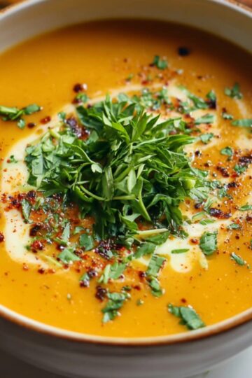Homemade butternut squash soup in a rustic ceramic bowl, topped with a swirl of cream, chili oil, and a generous handful of fresh chopped parsley, with herbs scattered on a white surface for a cozy, inviting look.
