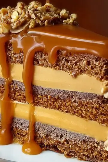 A close-up of a three-layer caramel cake slice on a white plate: moist vanilla sponge layered with rich caramel frosting, glossy caramel sauce dripping down the sides, piped frosting rosettes at the base, and chopped pecans sprinkled on top, all against a warm, wood-tone background.