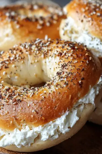 Golden, homemade everything bagels filled with whipped cottage cheese bagels. Crispy on the outside, fluffy inside, with seeds and creamy filling slightly spilling out—stacked on a wooden plate in natural light.