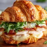 Alt text: “Close-up of a flaky, golden-brown croissant sandwich layered with melted cheese, sliced turkey, crispy bacon, fresh arugula, and a creamy herb sauce, resting on a wooden board.”