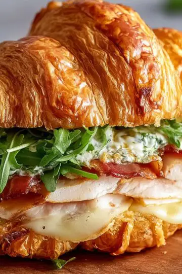 Alt text: “Close-up of a flaky, golden-brown croissant sandwich layered with melted cheese, sliced turkey, crispy bacon, fresh arugula, and a creamy herb sauce, resting on a wooden board.”