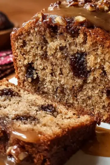 Close-up of a homemade date and walnut cake on a white plate: two thick slices reveal a moist, golden crumb studded with dark date pieces and walnut bits, topped with coarsely chopped nuts and drizzled with caramel-colored sauce, with a softly blurred bowl of dates and a red-and-white tea towel in the background.